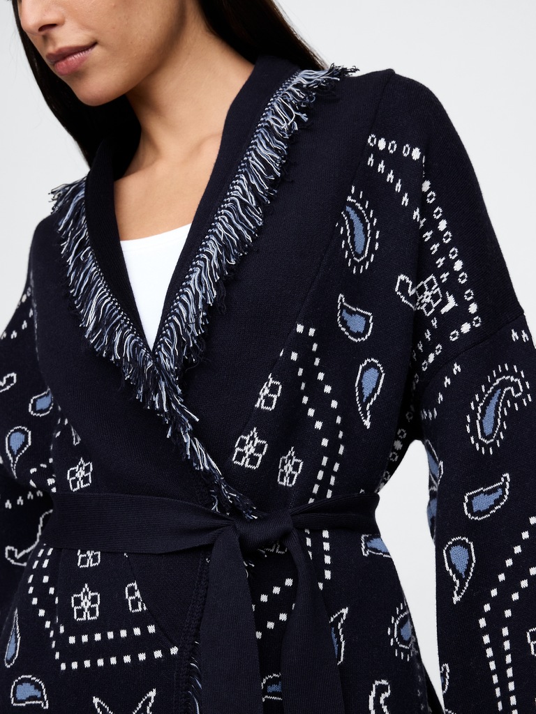 Cotton-Blend Fringe Shawl Cardigan