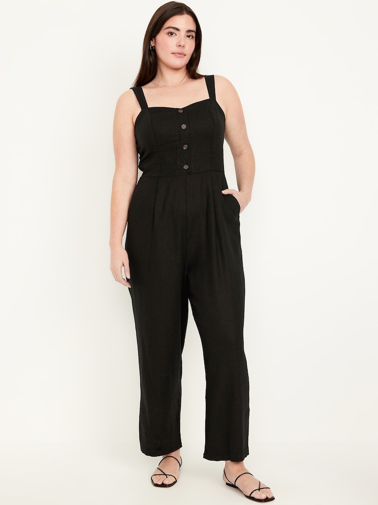 Button-Front Linen-Blend Cami Jumpsuit