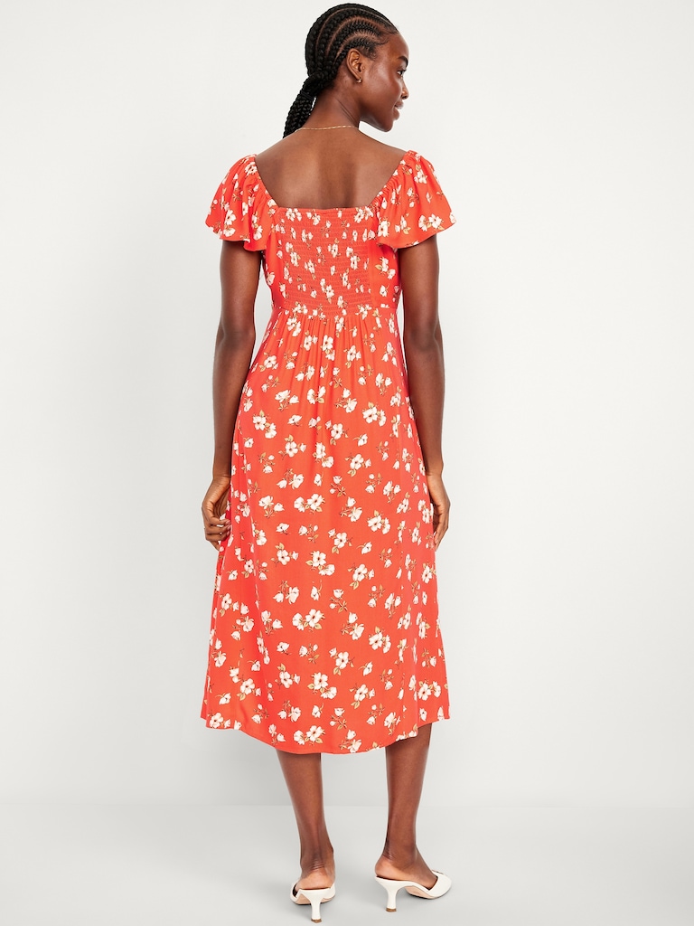 Flutter-Sleeve Crepe Midi Dress