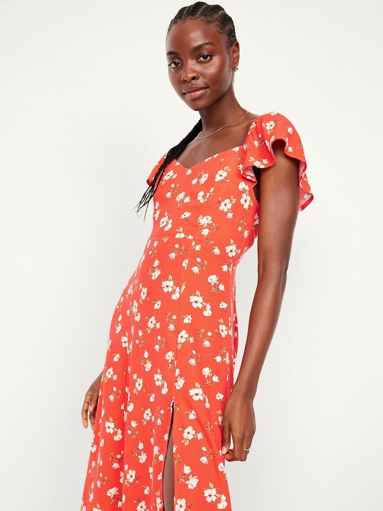 Flutter-Sleeve Crepe Midi Dress