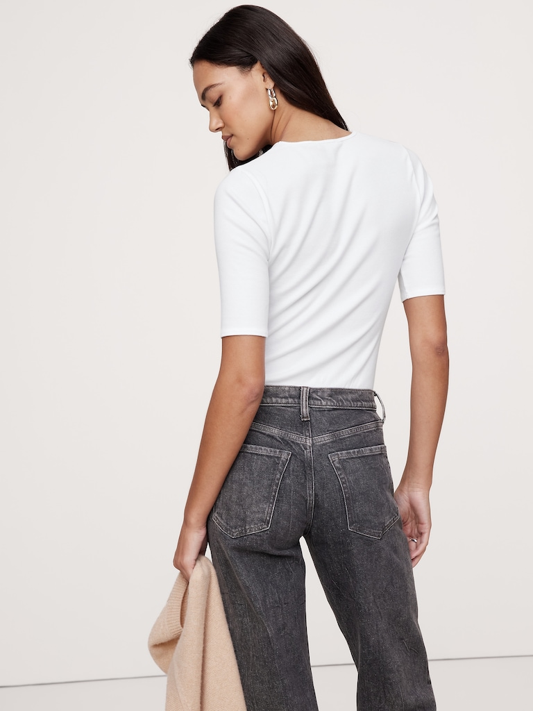 Ribbed Elbow-Sleeve T-Shirt