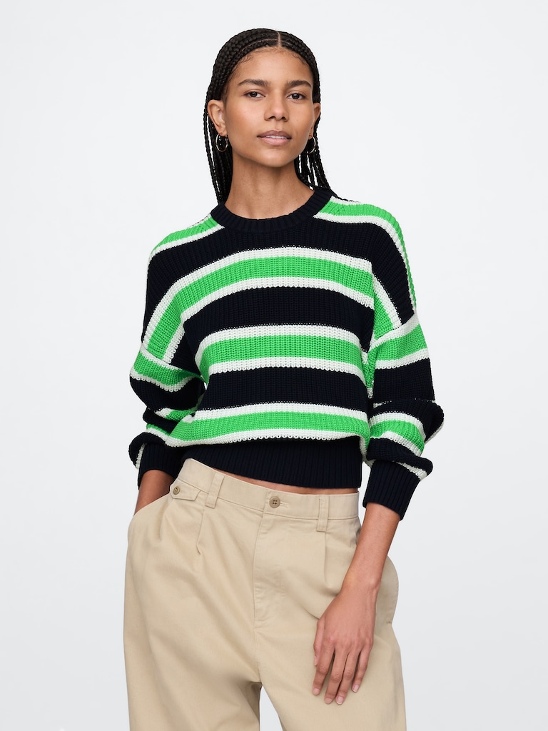 100% Cotton Shaker-Stitch Crewneck Sweater