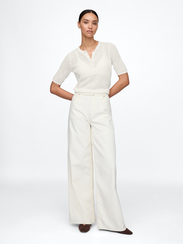 Linen-Blend Pointelle Henley Top