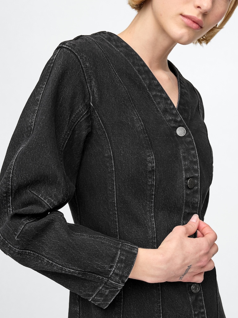 Barrel-Sleeve Denim Mini Dress