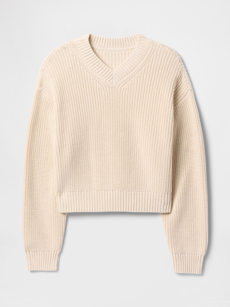 100% Cotton Shaker-Stitch V-Neck Sweater