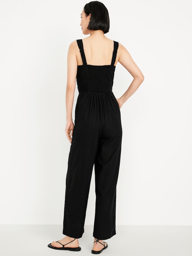 Button-Front Linen-Blend Cami Jumpsuit