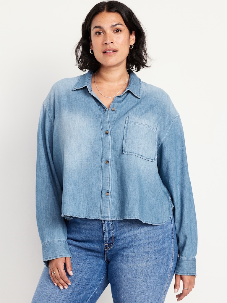 Cropped Button-Down Denim Shirt