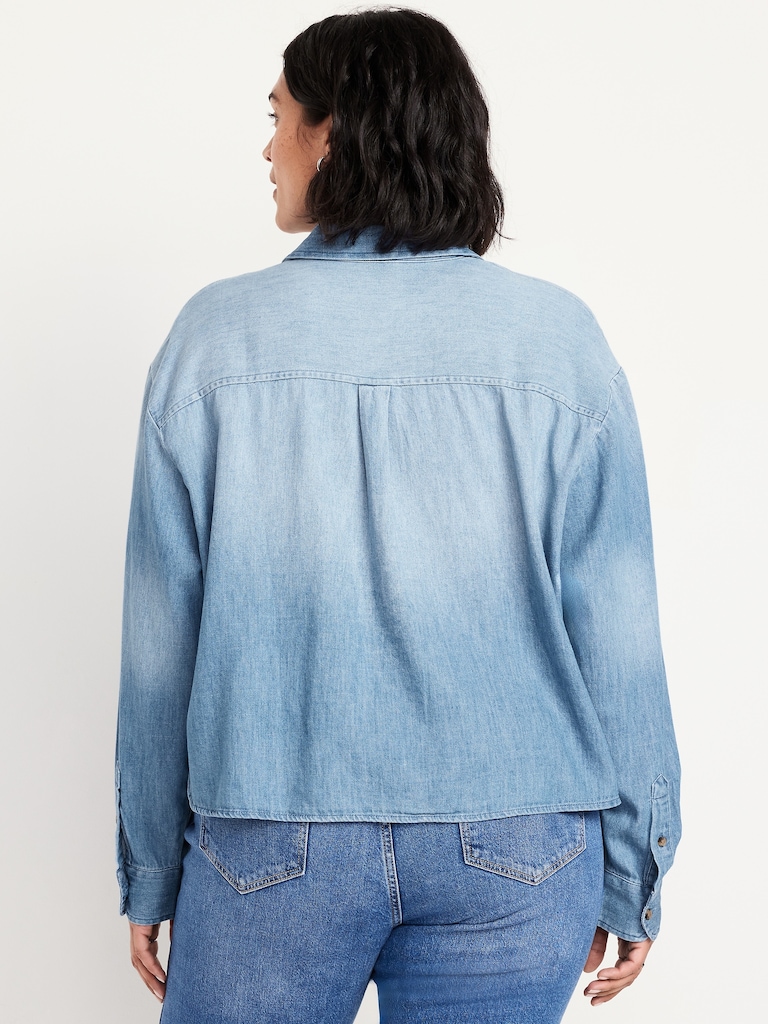 Cropped Button-Down Denim Shirt