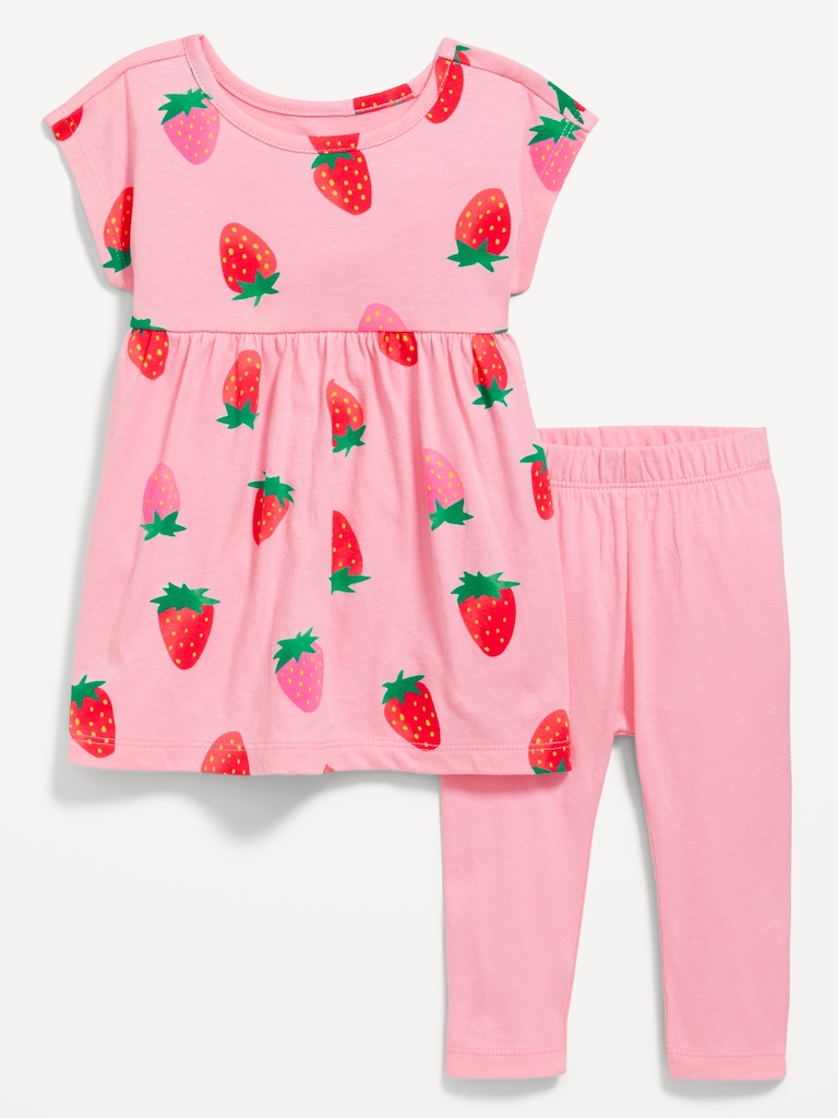 Printed Short-Sleeve Dress and Leggings Set for Baby