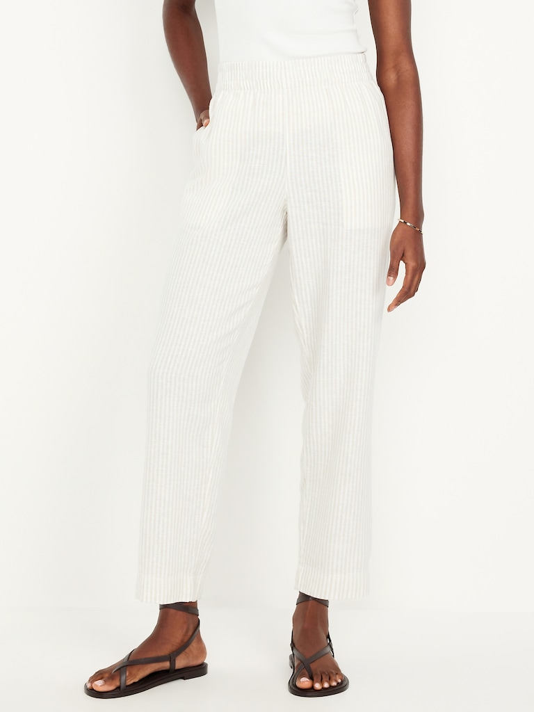 High-Waisted Linen-Blend Straight Ankle Pants