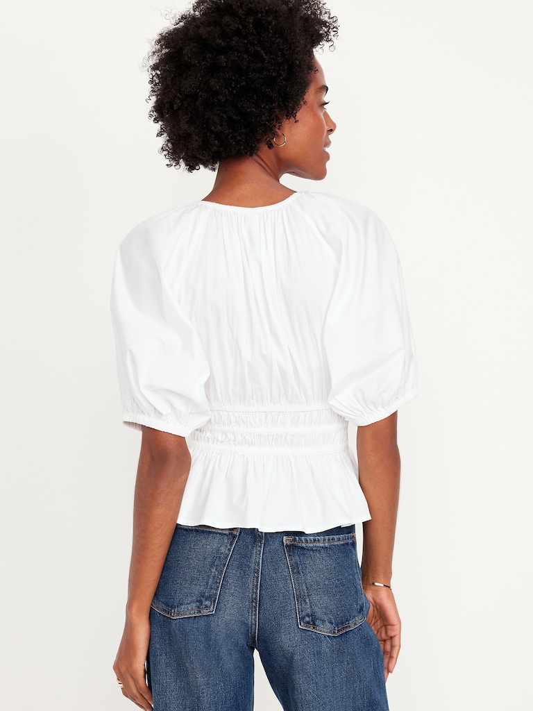 Smocked V-Neck Peplum Top