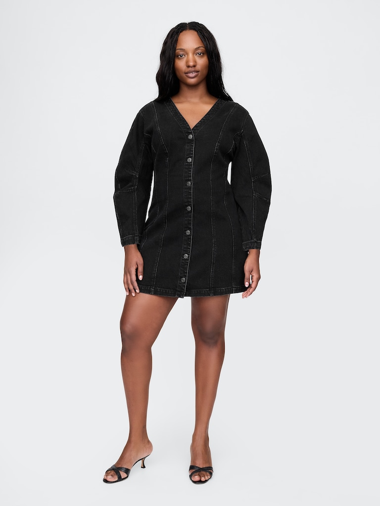 Barrel-Sleeve Denim Mini Dress