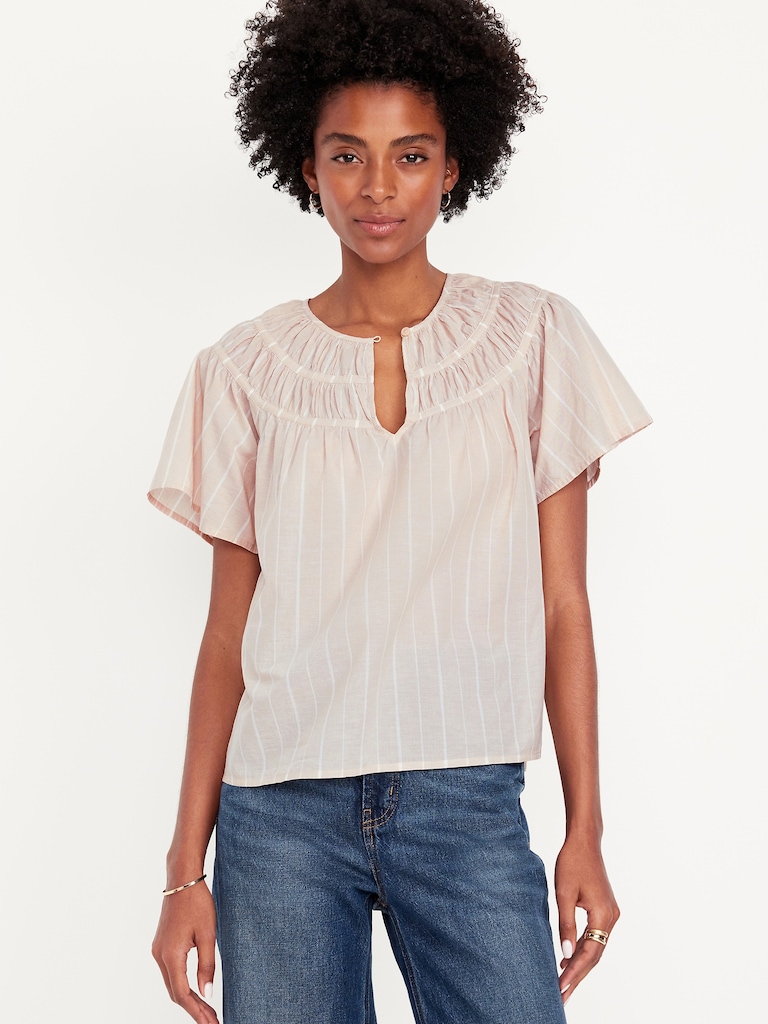 Shirred Flutter-Sleeve Top