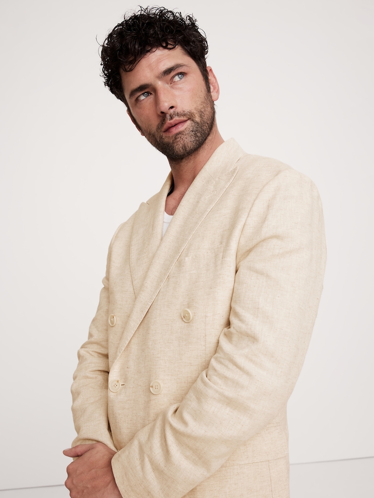 Herringbone Cotton-Linen Double-Breasted Suit Jacket