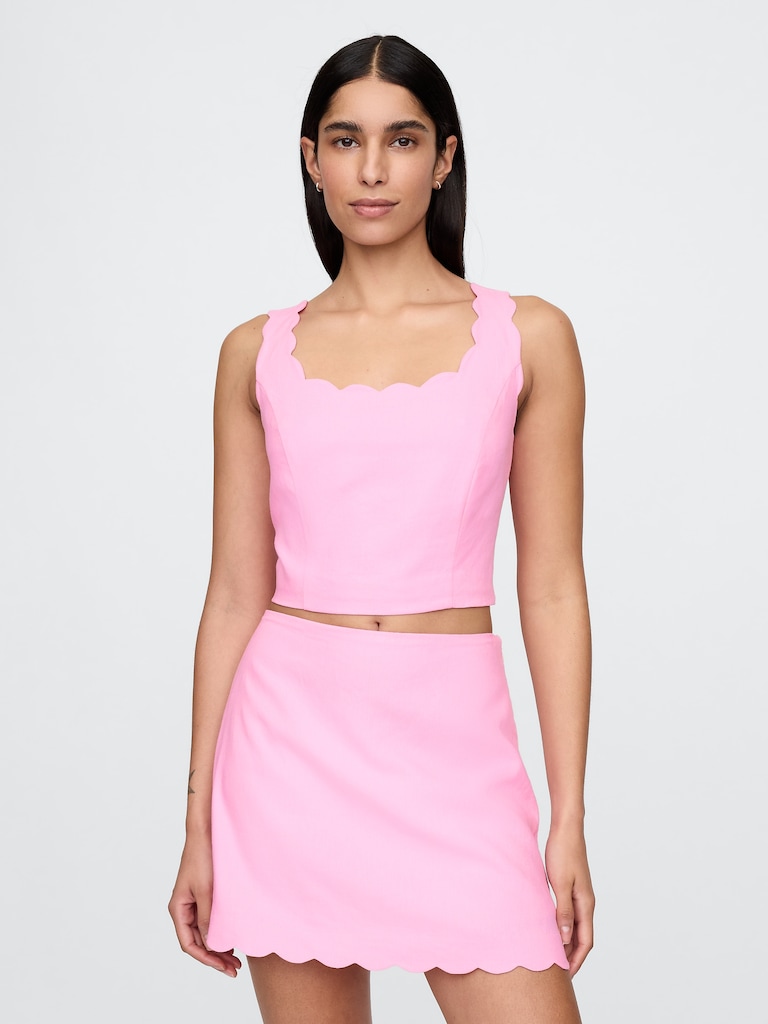 Linen-Blend Scalloped Crop Top