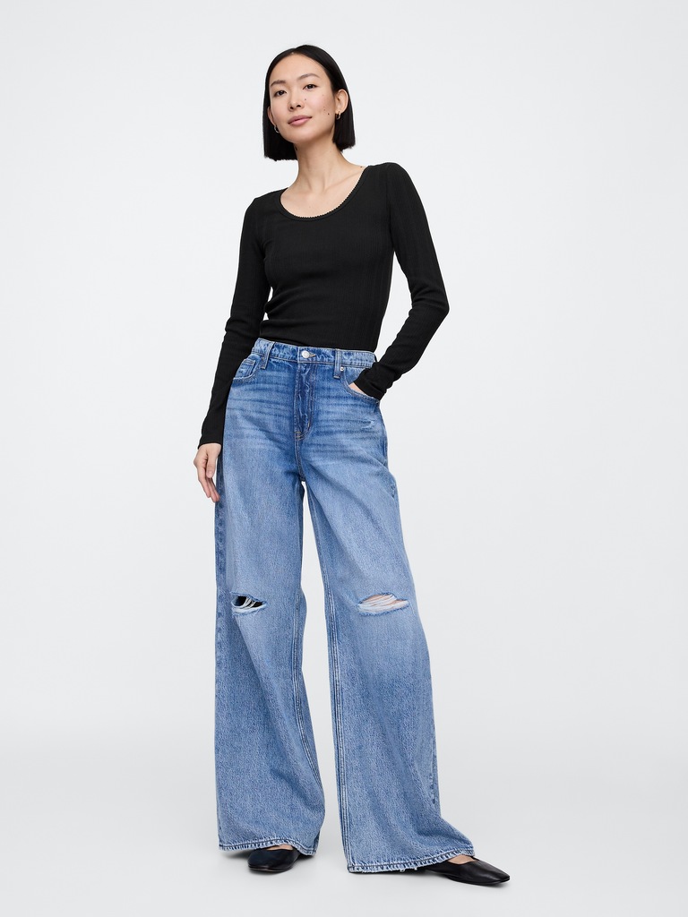 Ribbed Pointelle Scoopneck T-Shirt