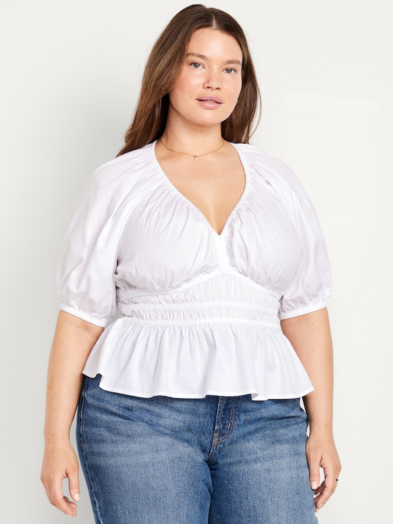 Smocked V-Neck Peplum Top