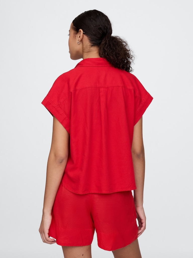 Linen-Blend Crop Shirt