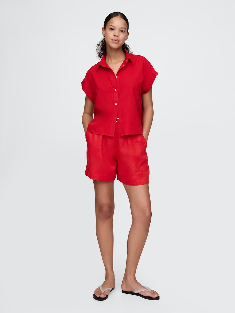 Linen-Blend Crop Shirt