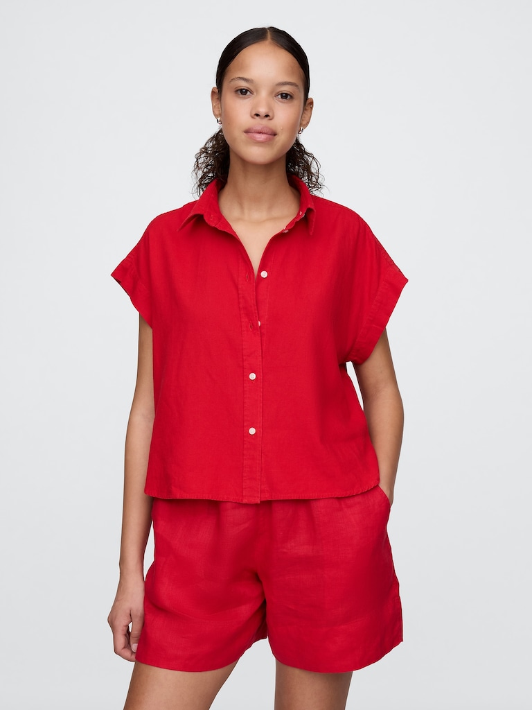 Linen-Blend Crop Shirt