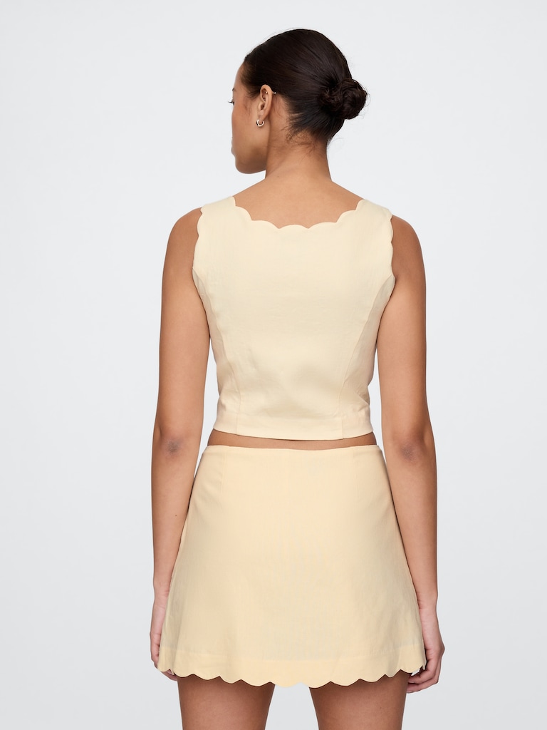 Linen-Blend Scalloped Crop Top