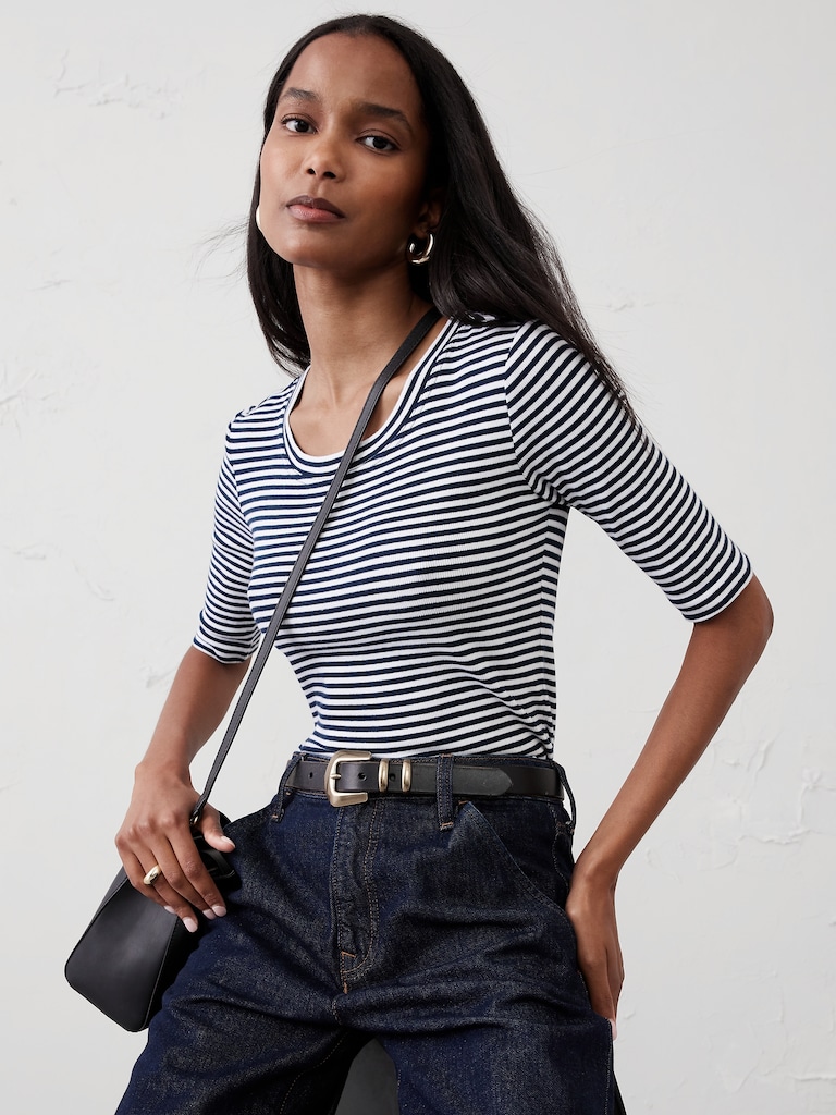 Ribbed Elbow-Sleeve T-Shirt