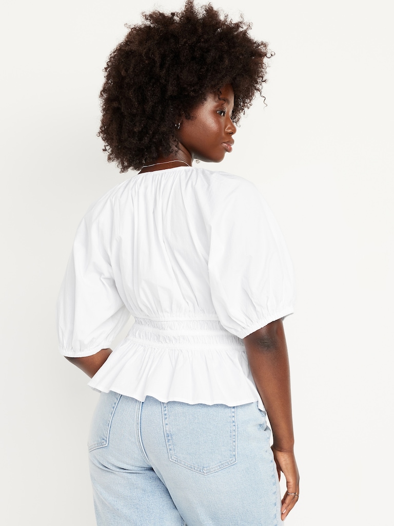 Smocked V-Neck Peplum Top