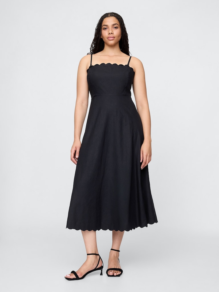 Linen-Blend Scalloped Midi Dress
