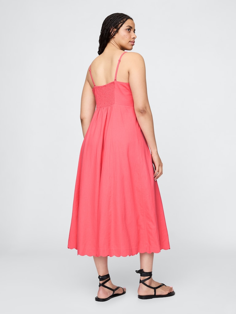 Linen-Blend Scalloped Midi Dress