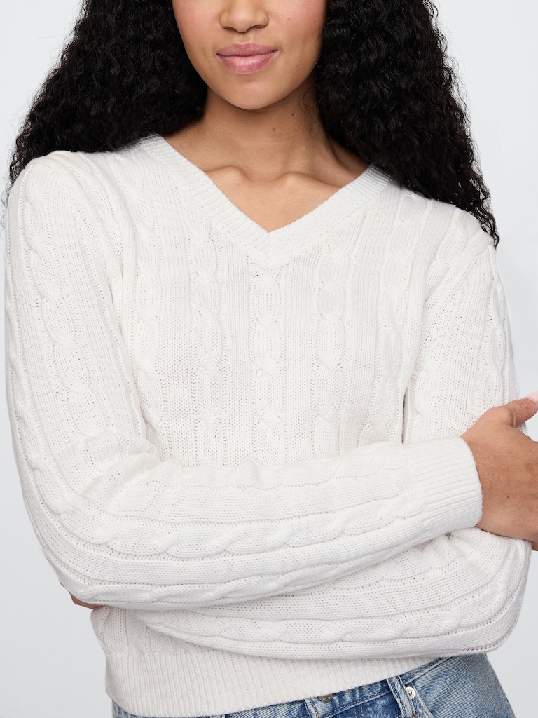 100% Cotton Cable-Knit V-Neck Sweater
