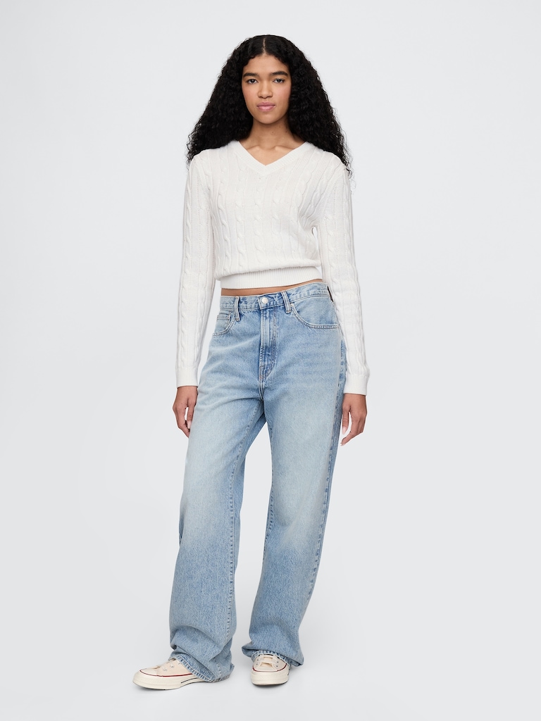 100% Cotton Cable-Knit V-Neck Sweater