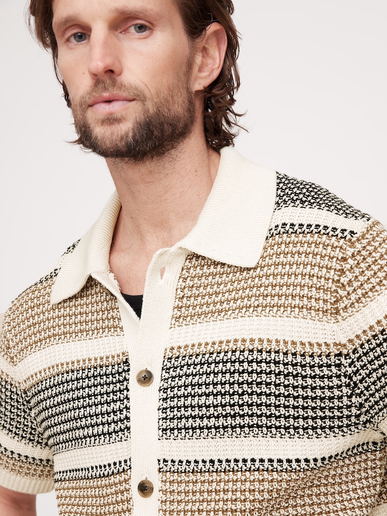 Stripe Crochet Cotton Knit Shirt