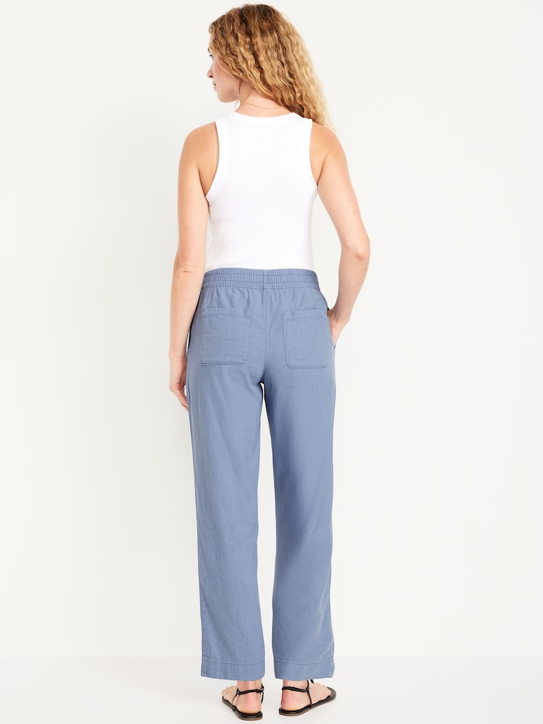 High-Waisted Linen-Blend Straight Ankle Pants