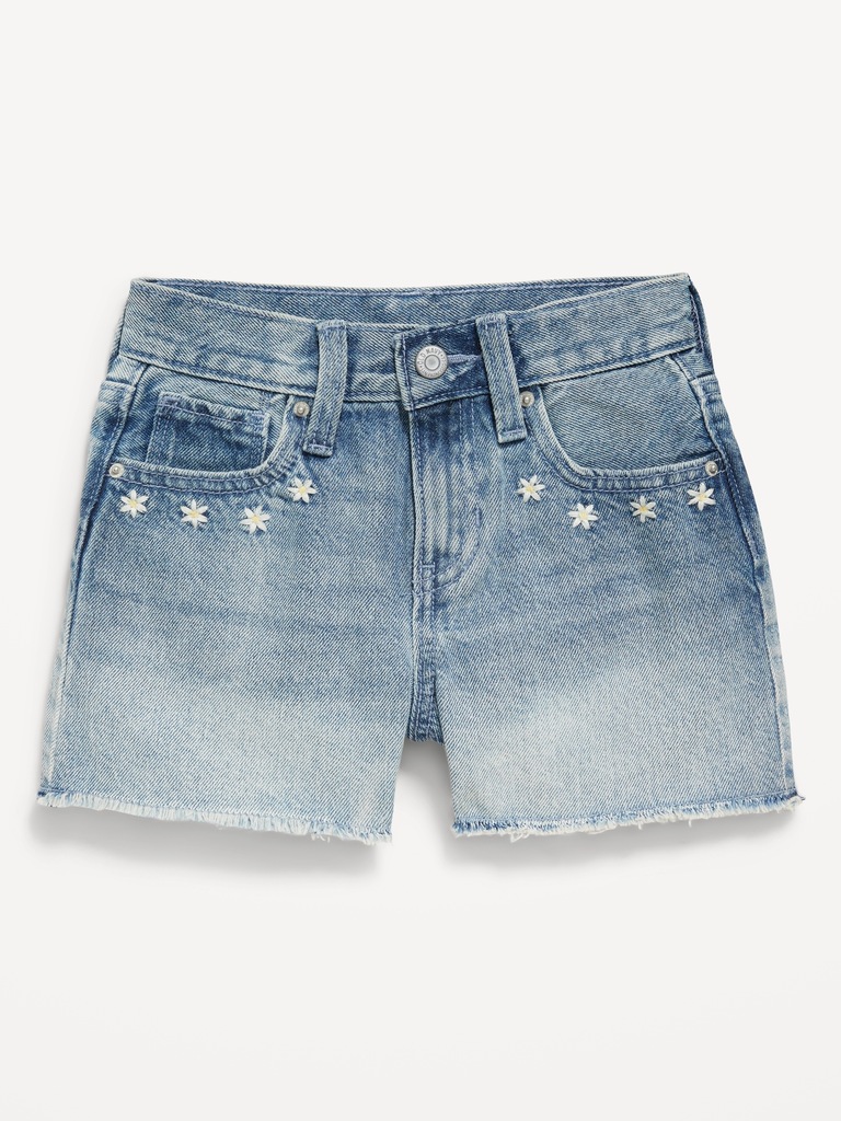 High-Waisted Embroidered Frayed-Hem Jean Shorts for Girls