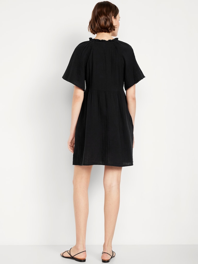 Split-Neck Crinkle Gauze Mini Swing Dress