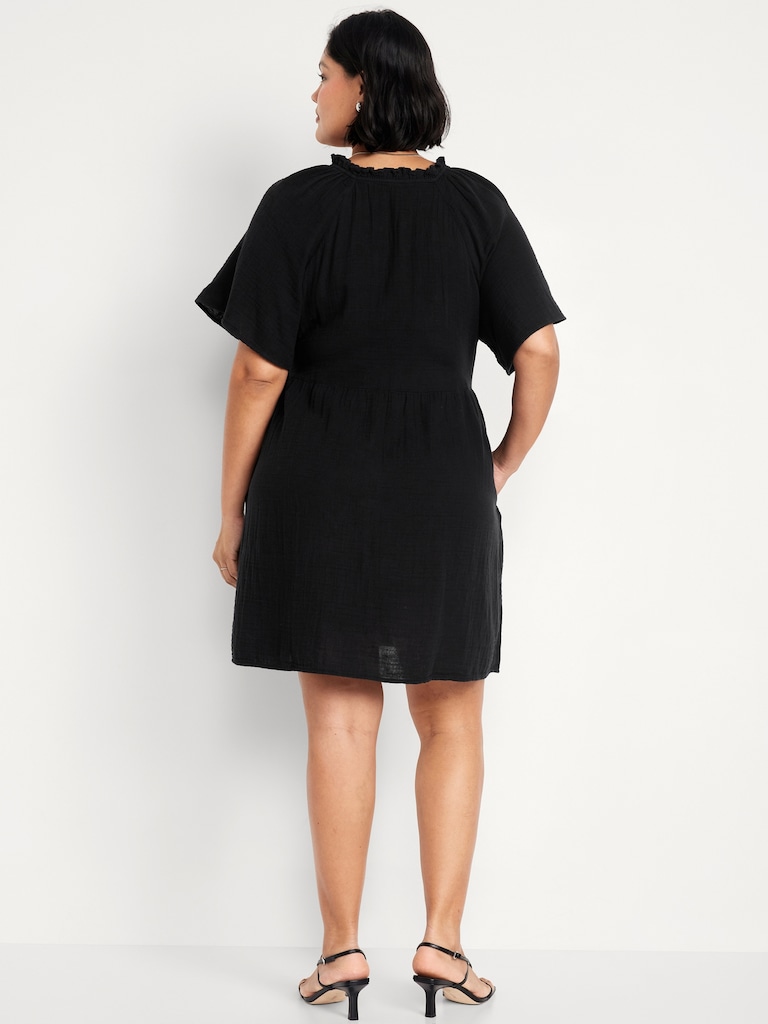 Split-Neck Crinkle Gauze Mini Swing Dress