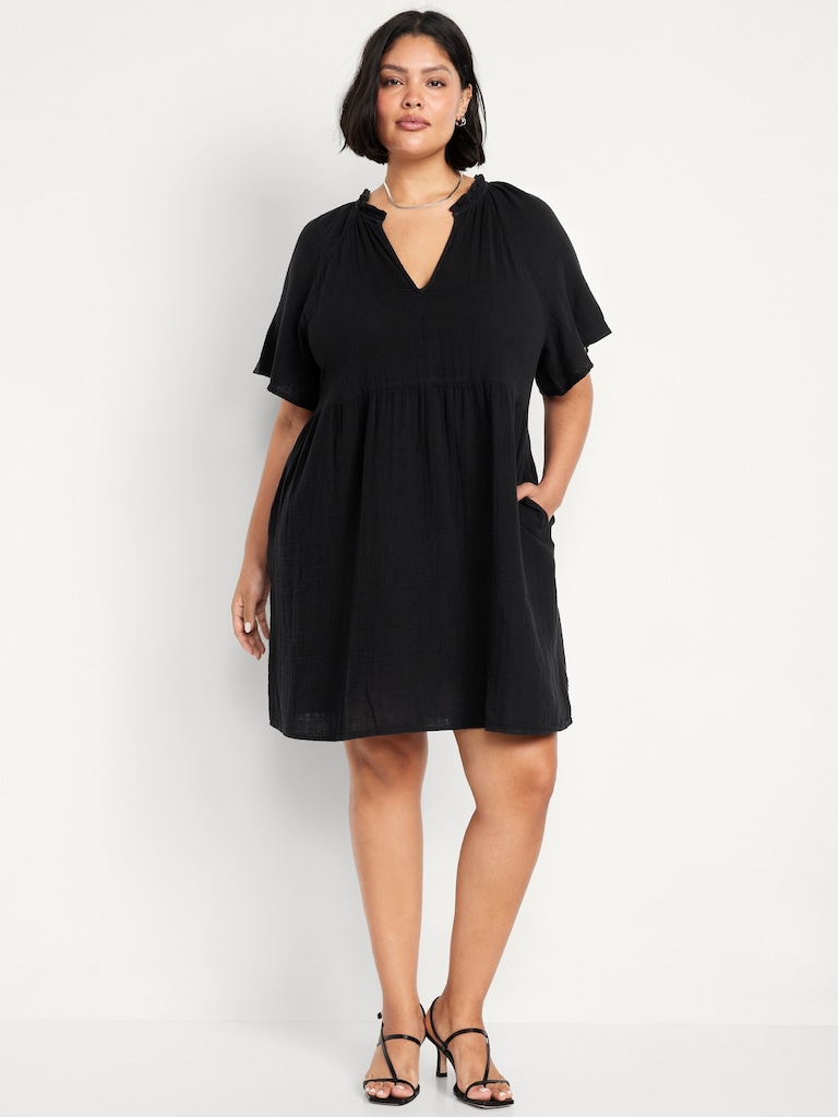 Split-Neck Crinkle Gauze Mini Swing Dress