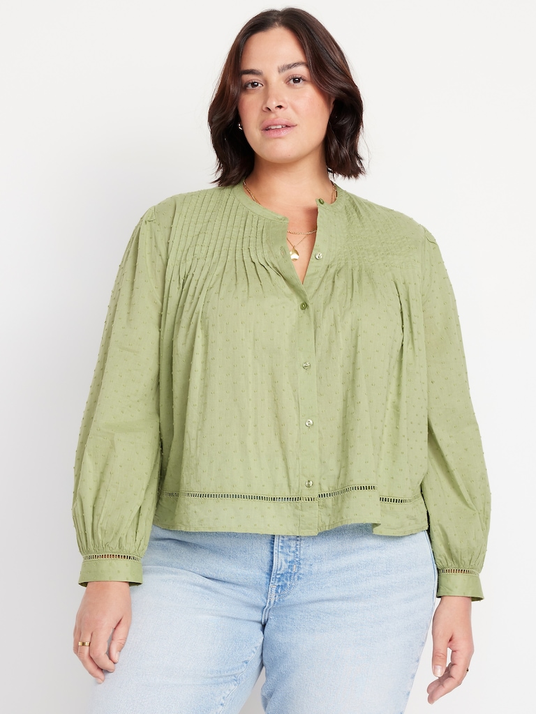 Swiss Dot Button-Down Pintuck Top