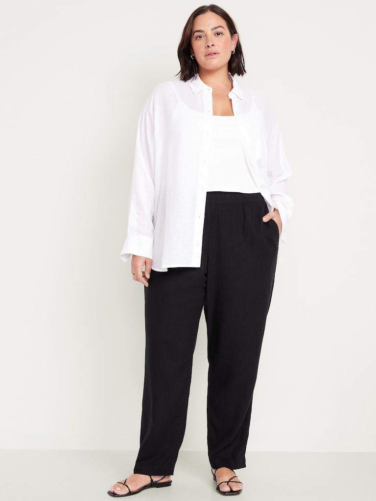 High-Waisted Linen-Blend Straight Ankle Pants