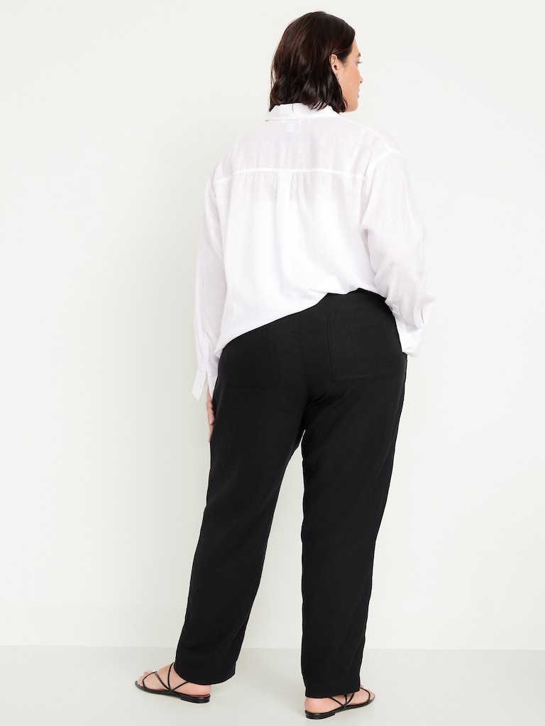 High-Waisted Linen-Blend Straight Ankle Pants