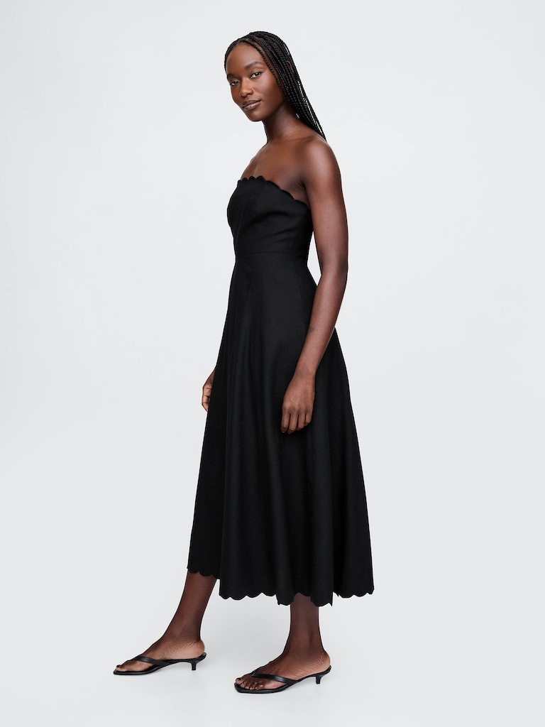 Linen-Blend Scalloped Midi Dress