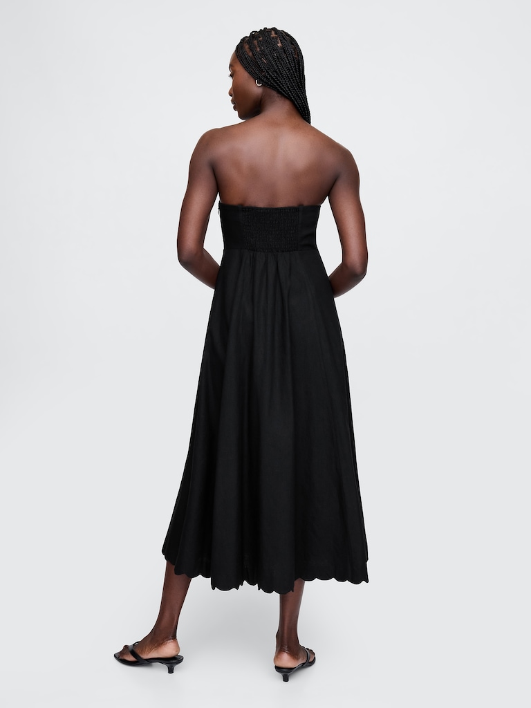 Linen-Blend Scalloped Midi Dress