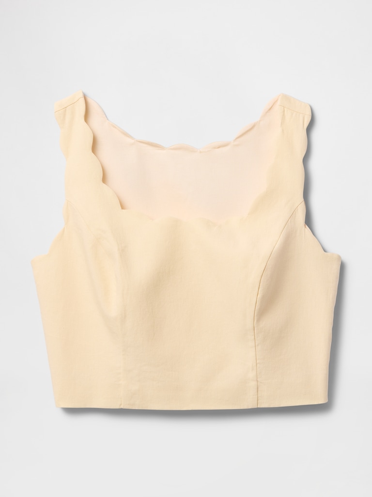 Linen-Blend Scalloped Crop Top
