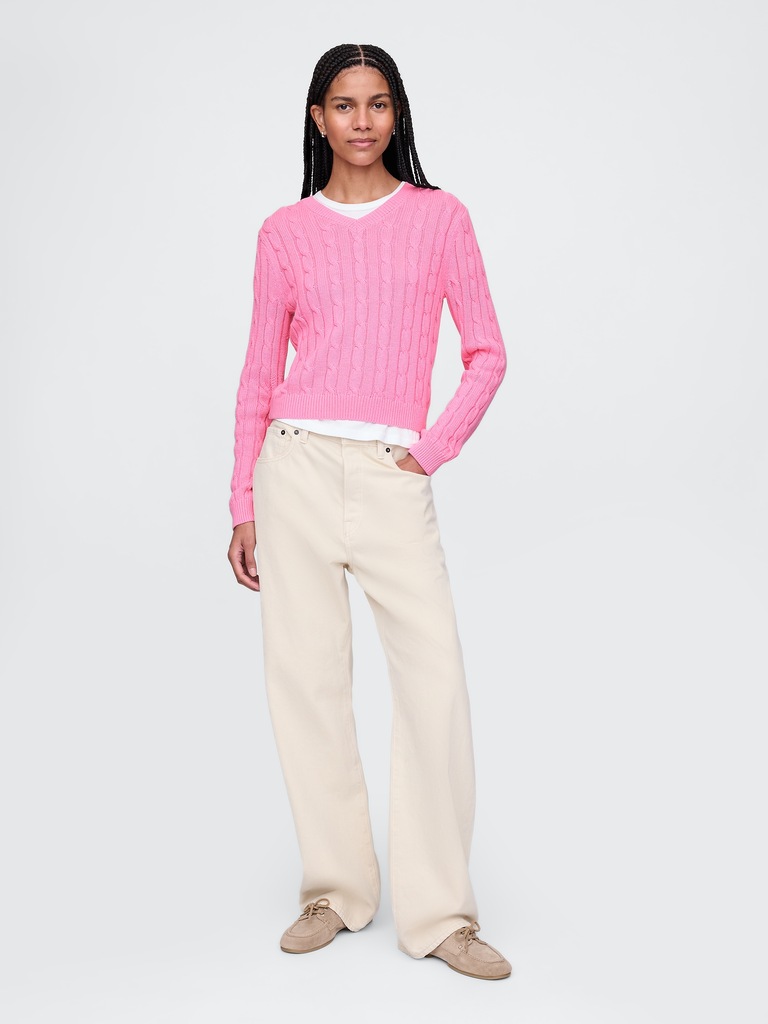 100% Cotton Cable-Knit V-Neck Sweater