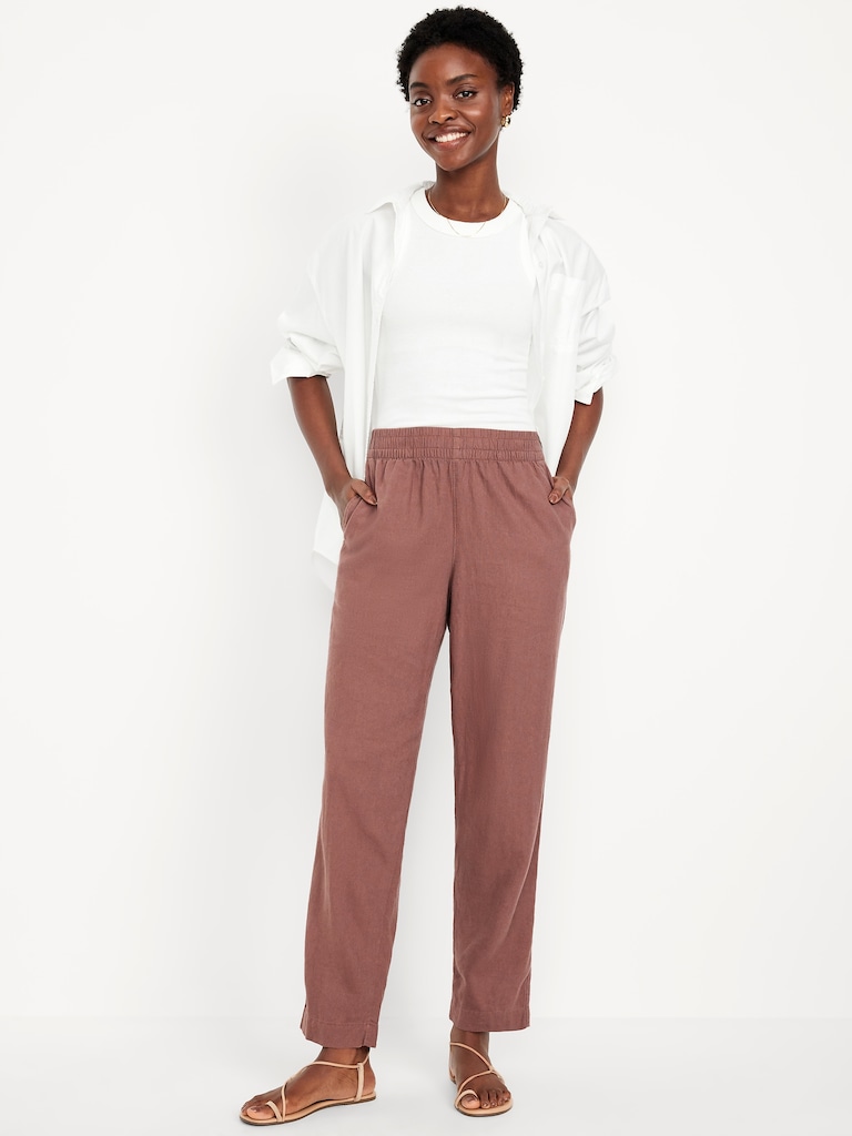 High-Waisted Linen-Blend Straight Ankle Pants
