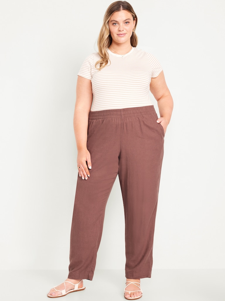 High-Waisted Linen-Blend Straight Ankle Pants