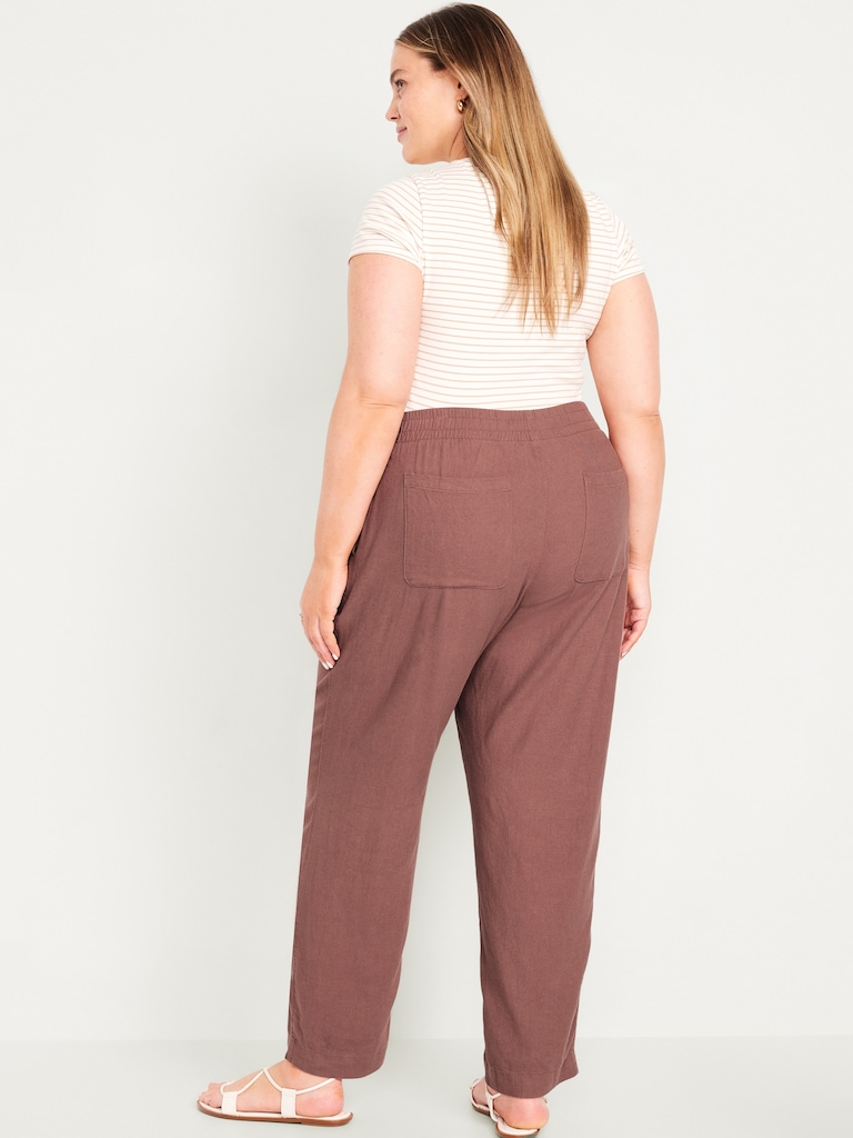 High-Waisted Linen-Blend Straight Ankle Pants