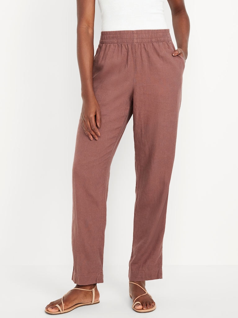 High-Waisted Linen-Blend Straight Ankle Pants