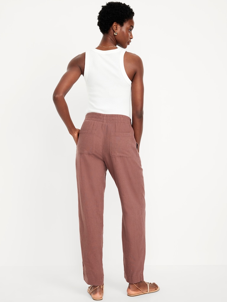 High-Waisted Linen-Blend Straight Ankle Pants