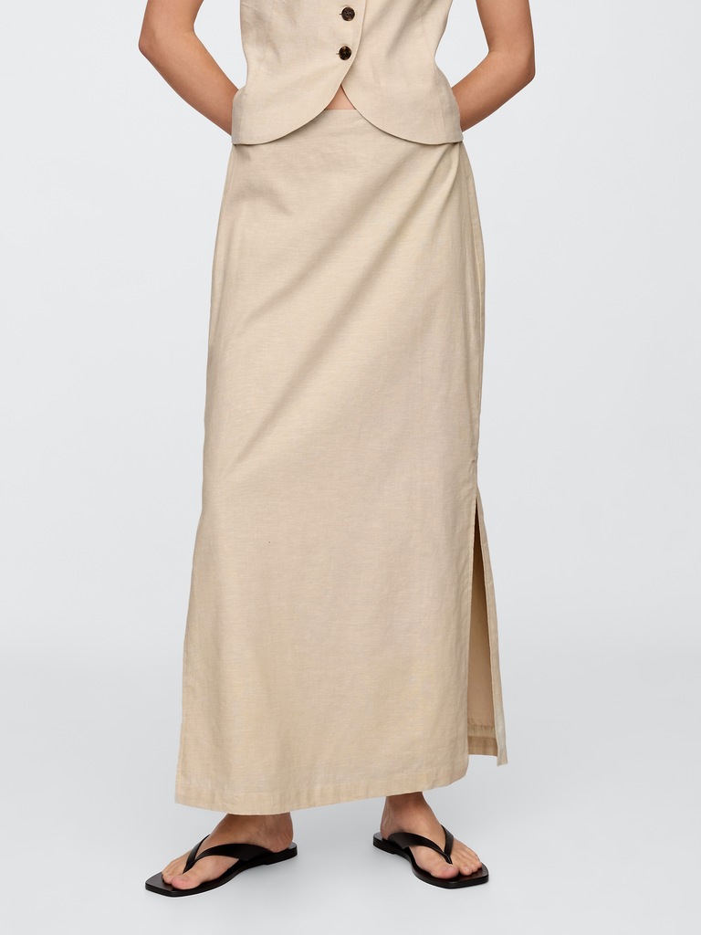 Linen-Blend Maxi Slip Skirt